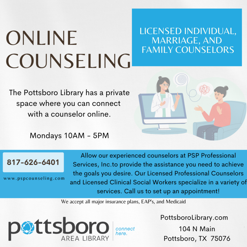 Information about Online Counseling appointments at the Pottsboro Library Telehealth Room